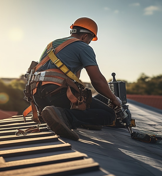 Sécurité du couvreur : Harnais et travaux sur le toit. Ouvrier sur un toit sombre, casque et harnais de sécurité, utilisant une perceuse sous un soleil éclatant.
