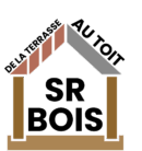 Logo SR BOIS, charpente stylisée. Toit bicolore (terrasse rouge/toit gris). Texte : DE LA TERRASSE AU TOIT. Services de construction bois.