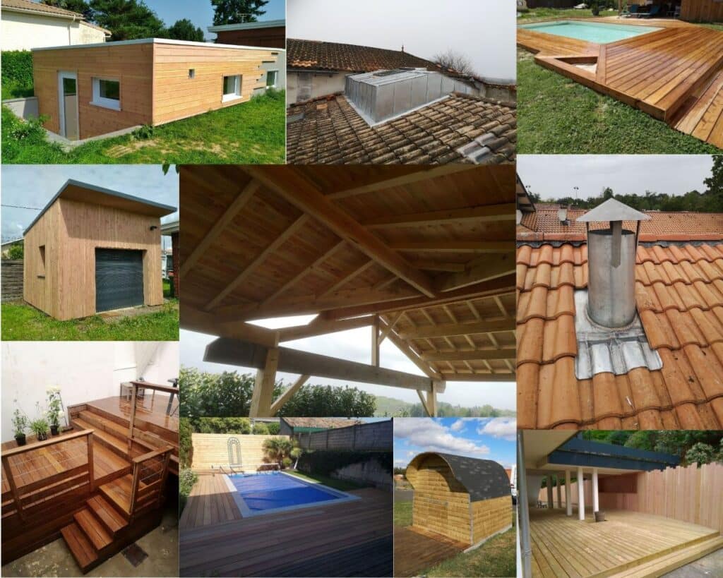 Charpente, Couverture et Terrasse Bois : Nos Projets de Rénovation Neuf projets de construction bois et rénovation de toiture : terrasses en bois, abris, charpente apparente et tuiles avec cheminée ou lucarne métallique.